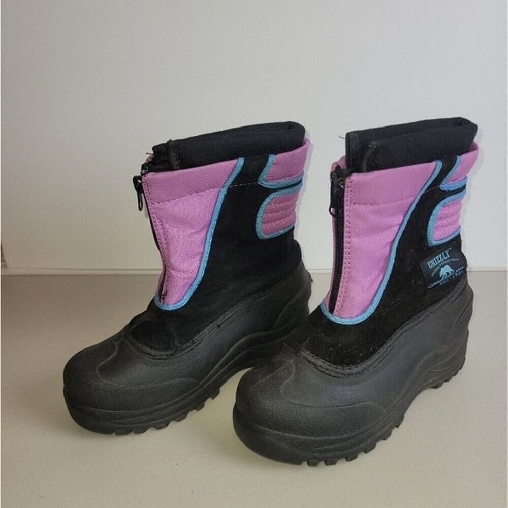 Grizzly Girls Sz 3 Snow Boots Outdoor Cold Weather Winter Leather Purple Black